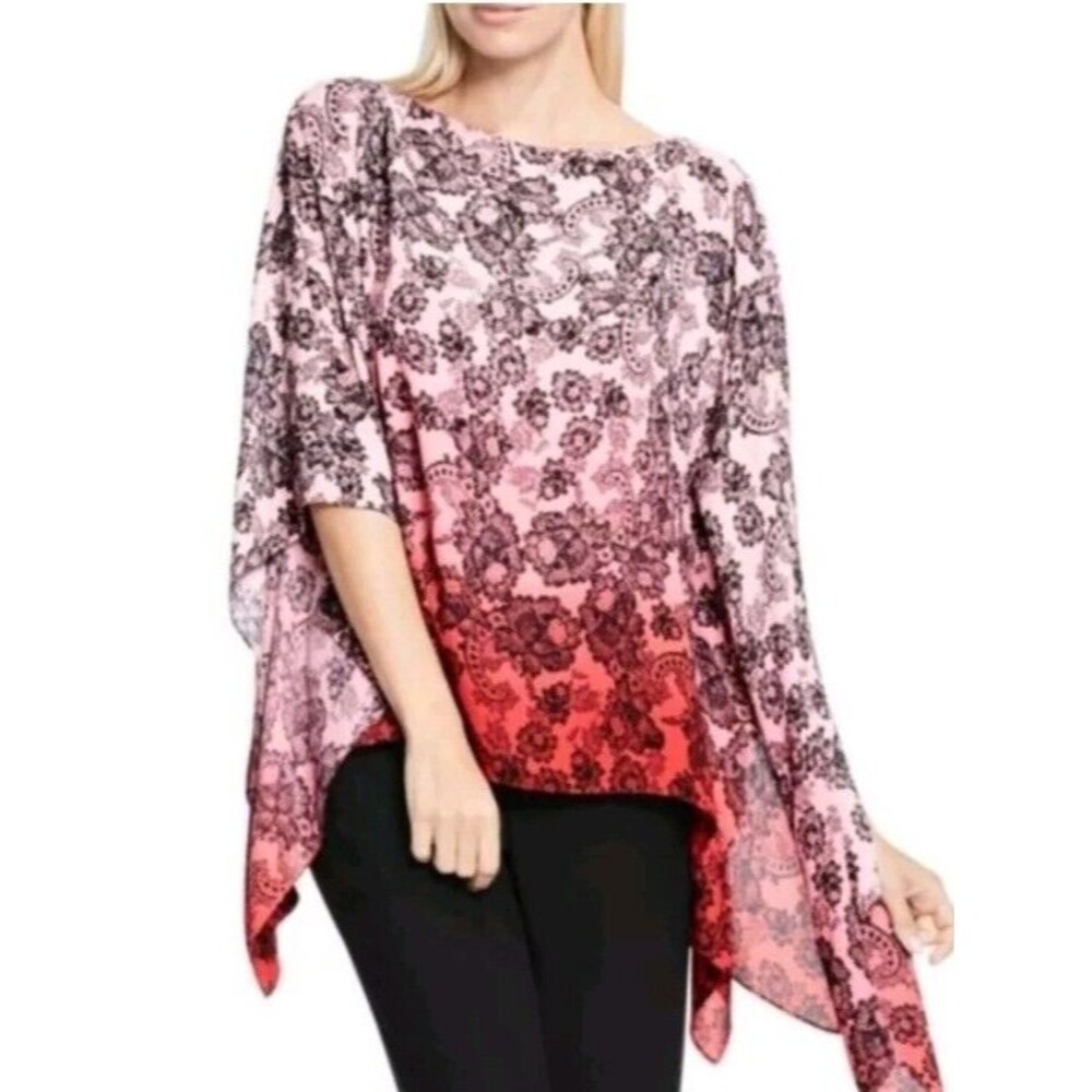 Vince Camuto Asymmetrical Sheer Poncho Top XL Kimono Red Pink Ombre Floral Beach